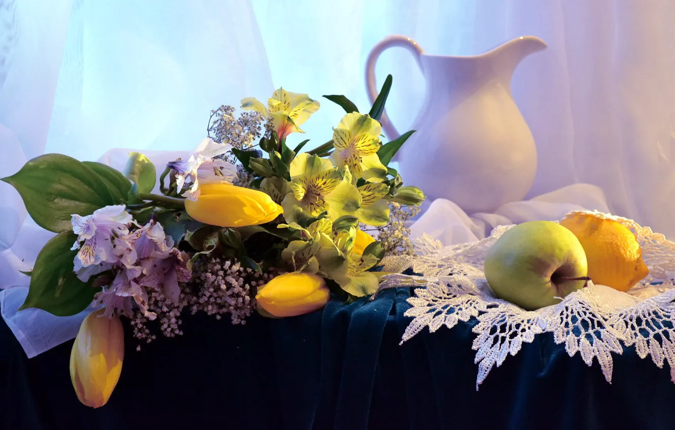Photo wallpaper flowers, pitcher, fruit, still life