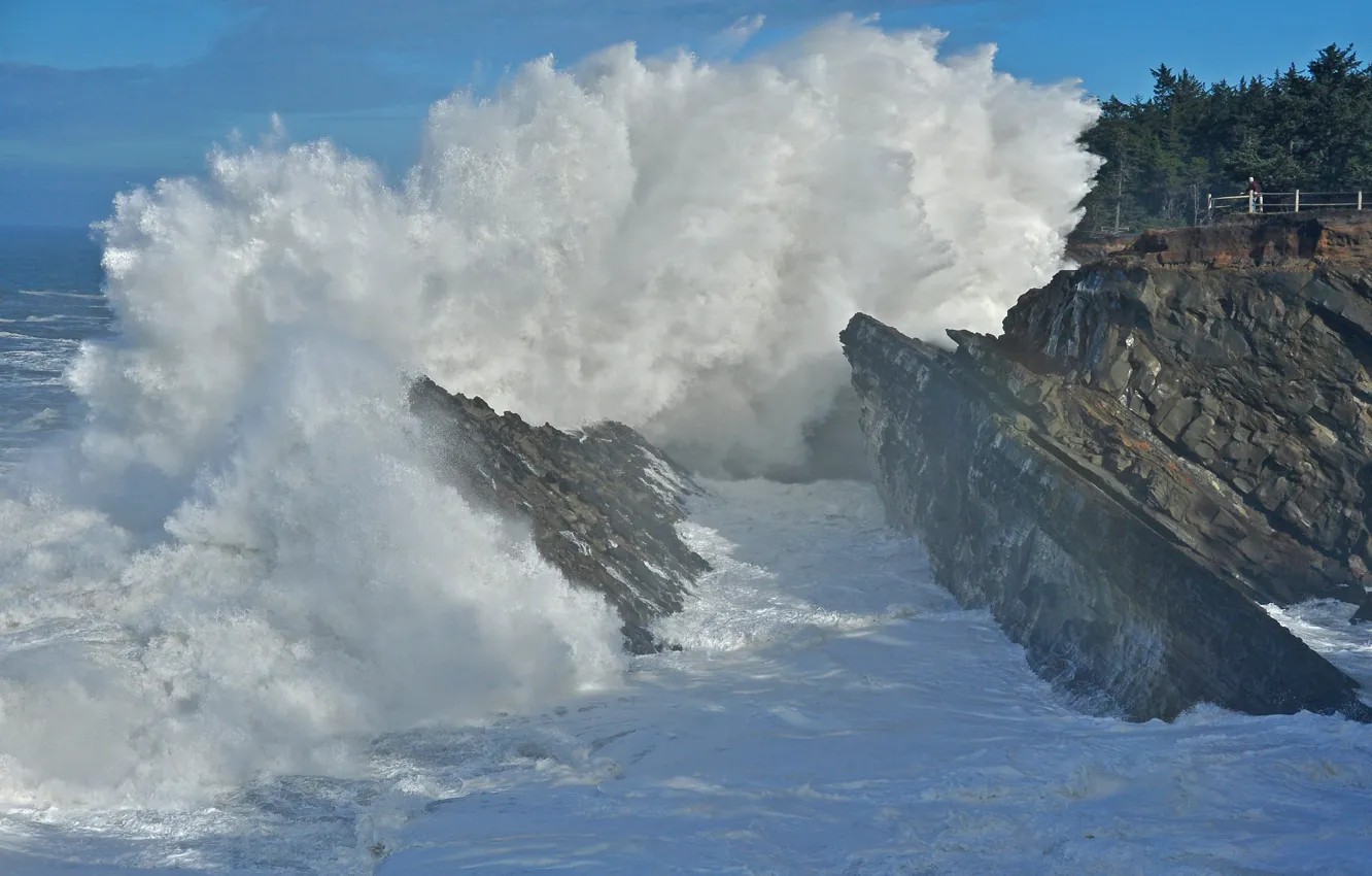 Photo wallpaper sea, the sky, squirt, storm, rocks, stone