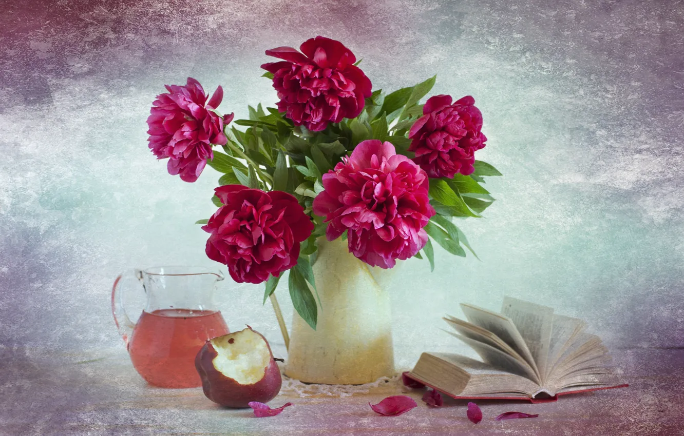 Photo wallpaper apples, bouquet, book, pitcher, peonies