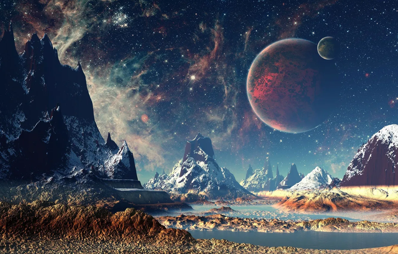 Photo wallpaper space, mountains, planet