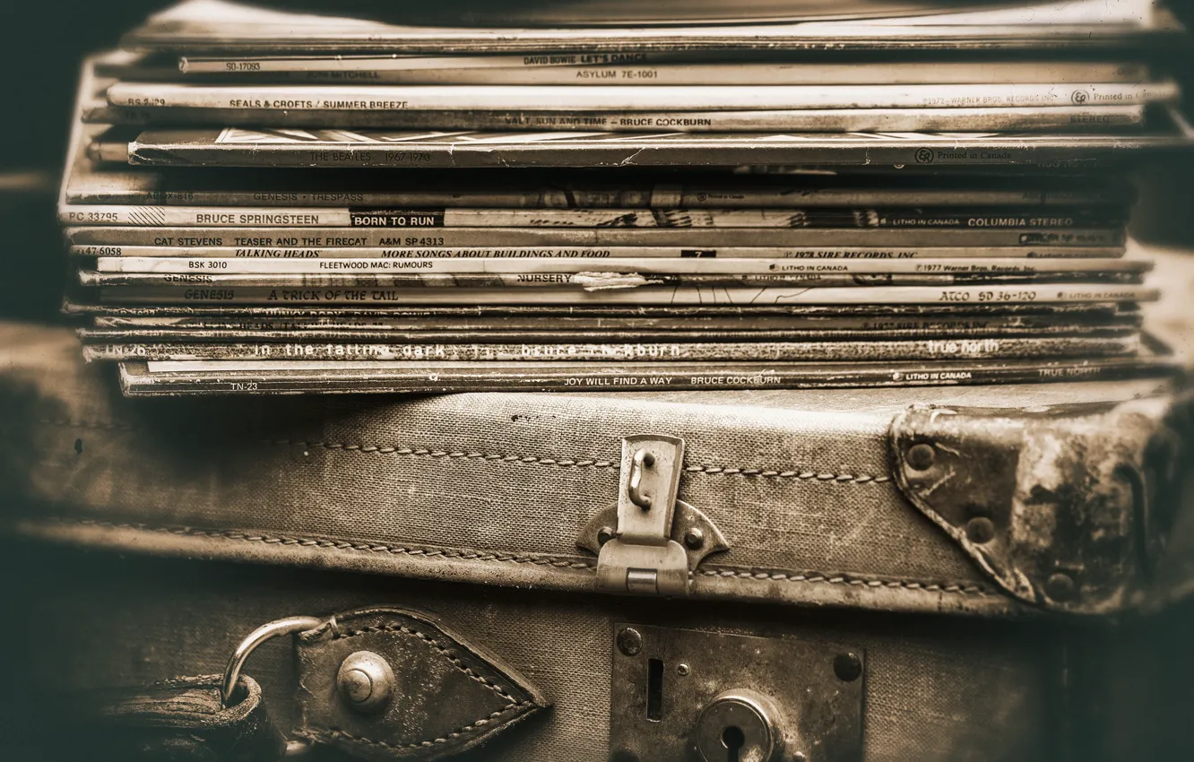 Photo wallpaper vinyl, suitcase, records