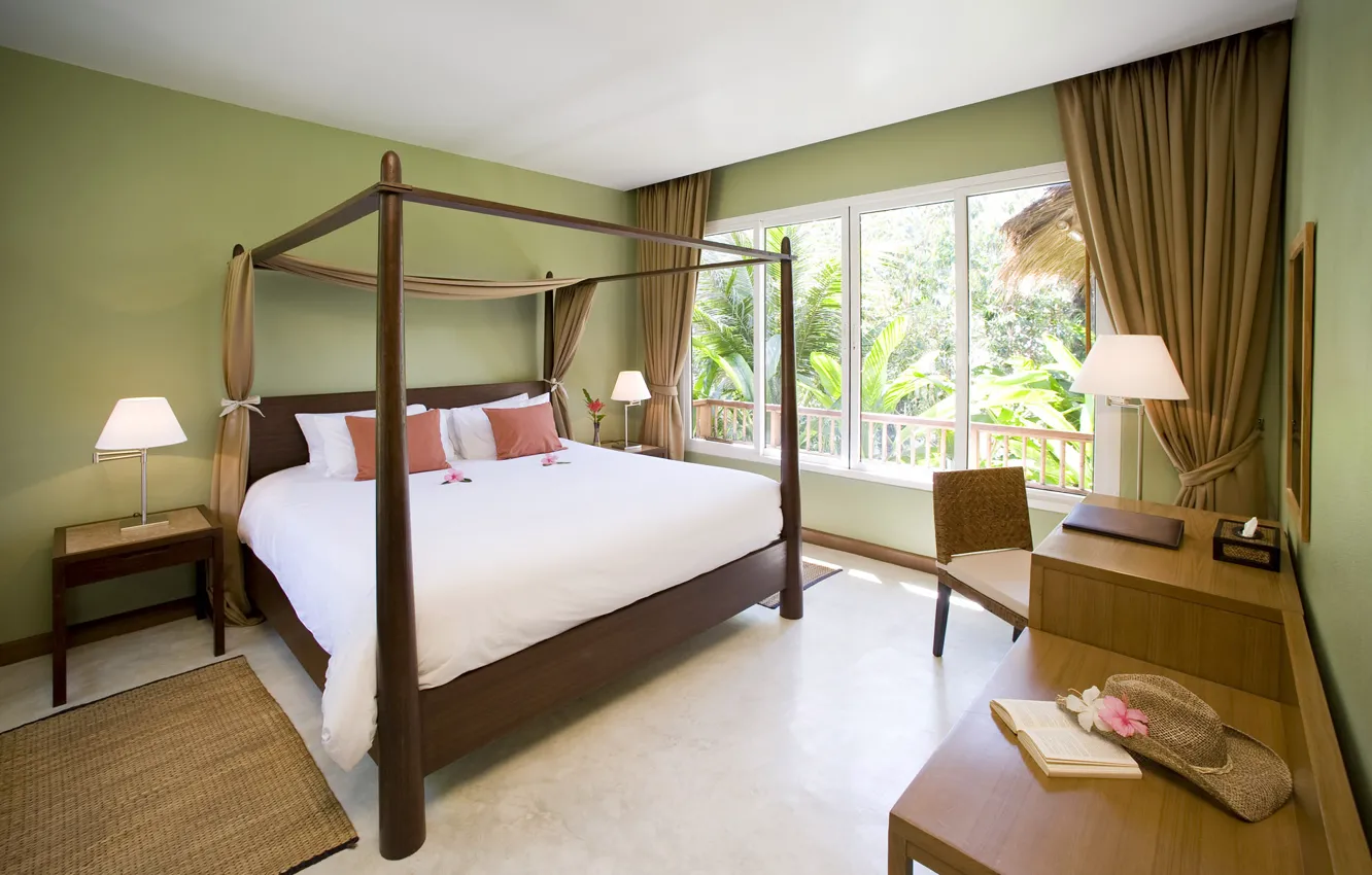 Photo wallpaper table, bed, hat, pillow, window, bedroom