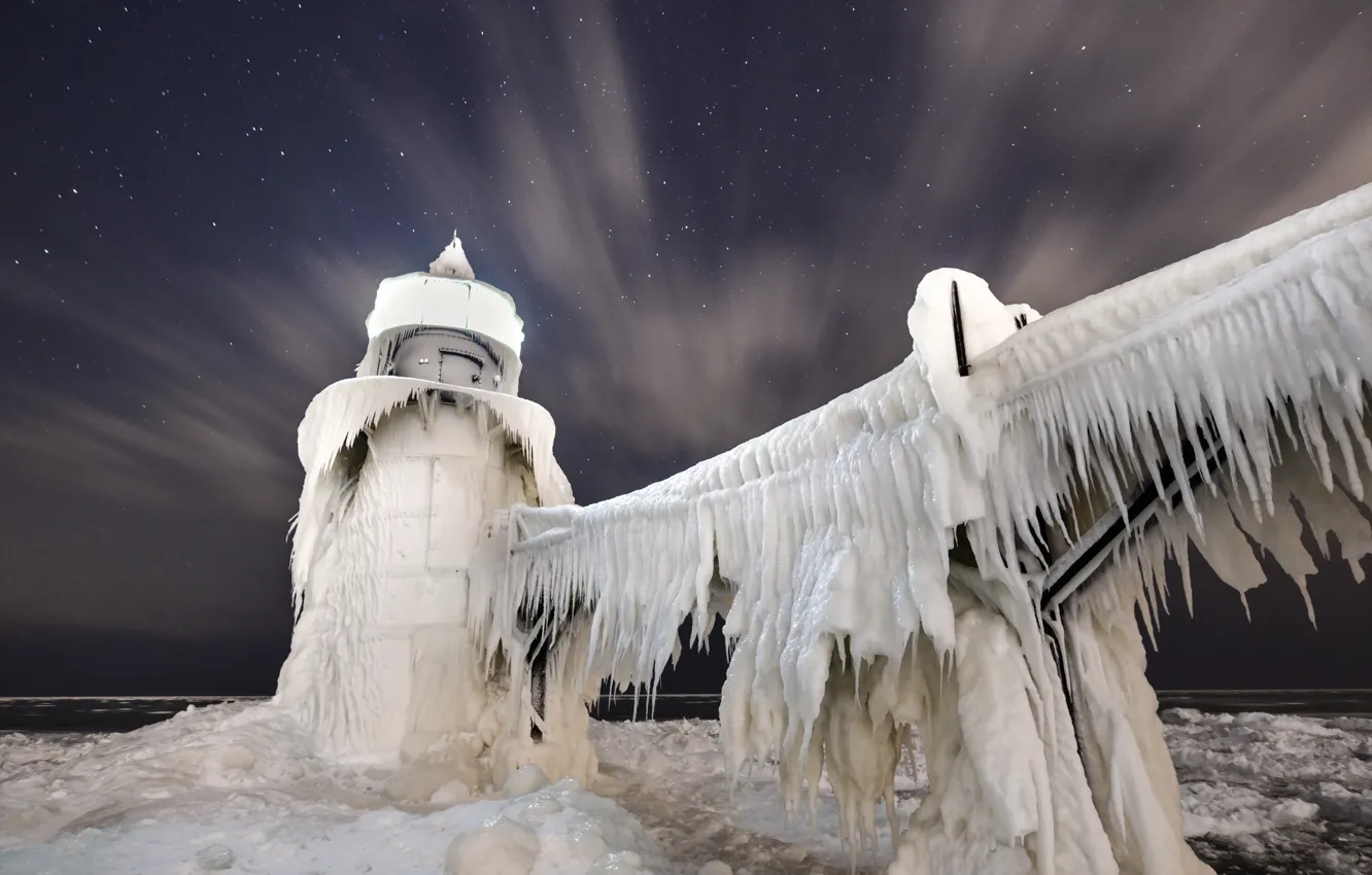 Photo wallpaper night, ice, Lake Michigan, St. Joseph Lighthouse