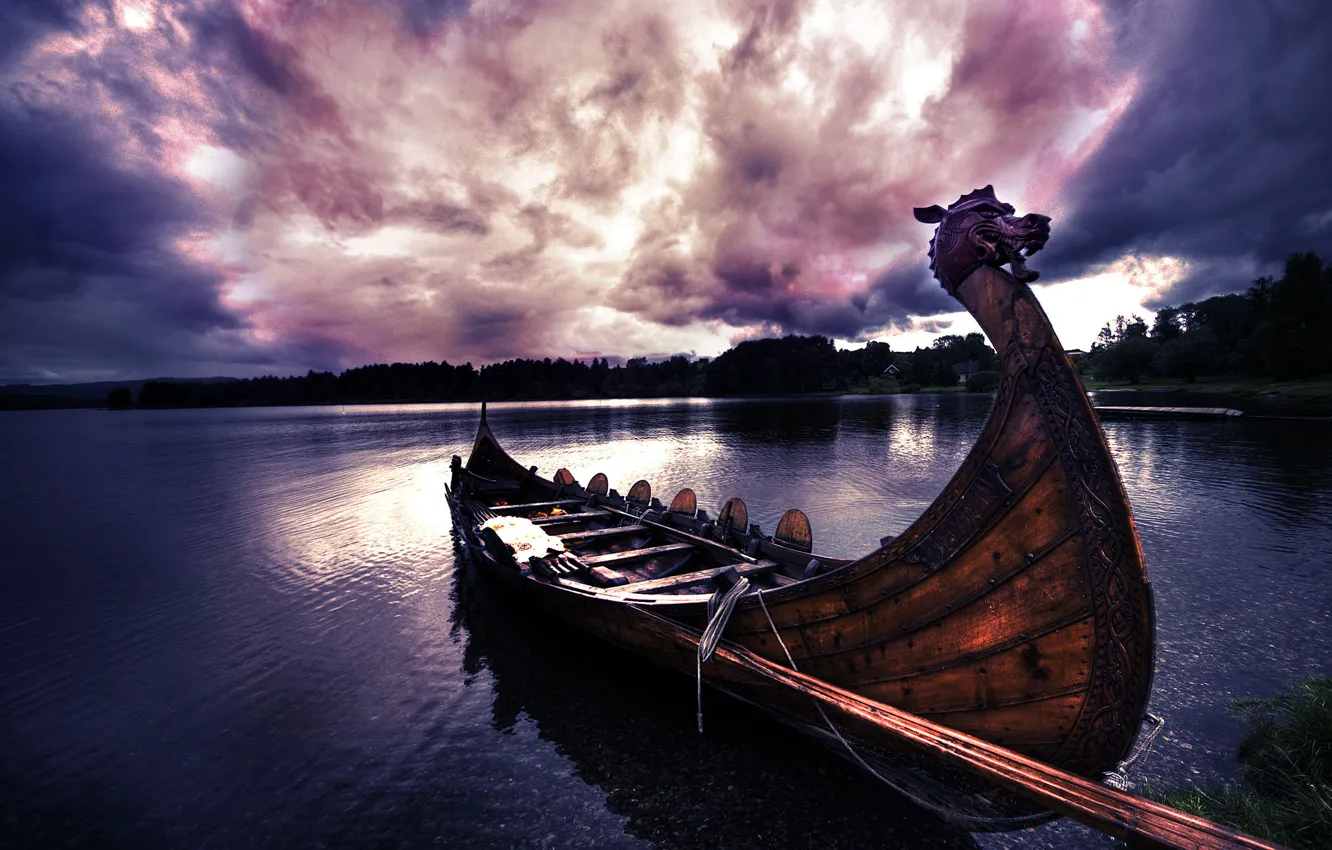Photo wallpaper water, clouds, trees, landscape, boat, Viking