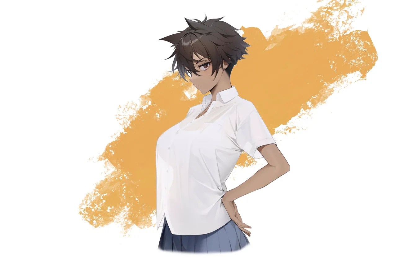 Photo wallpaper kawaii, girl, school uniform, boobs, anime, brown, pretty, babe