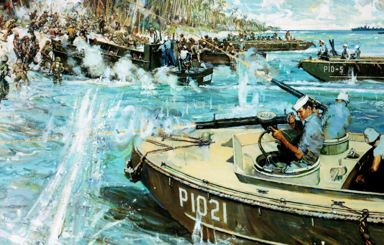 Photo wallpaper attack, figure, art, boats, shots, landing, WW2, Marines