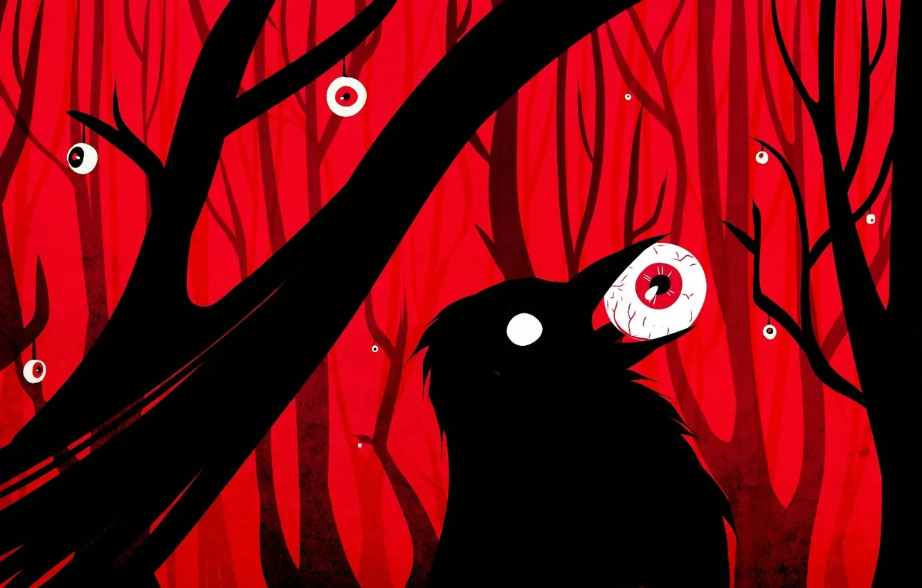 Photo wallpaper forest, eyes, bird, art, Raven, red background, gloomy