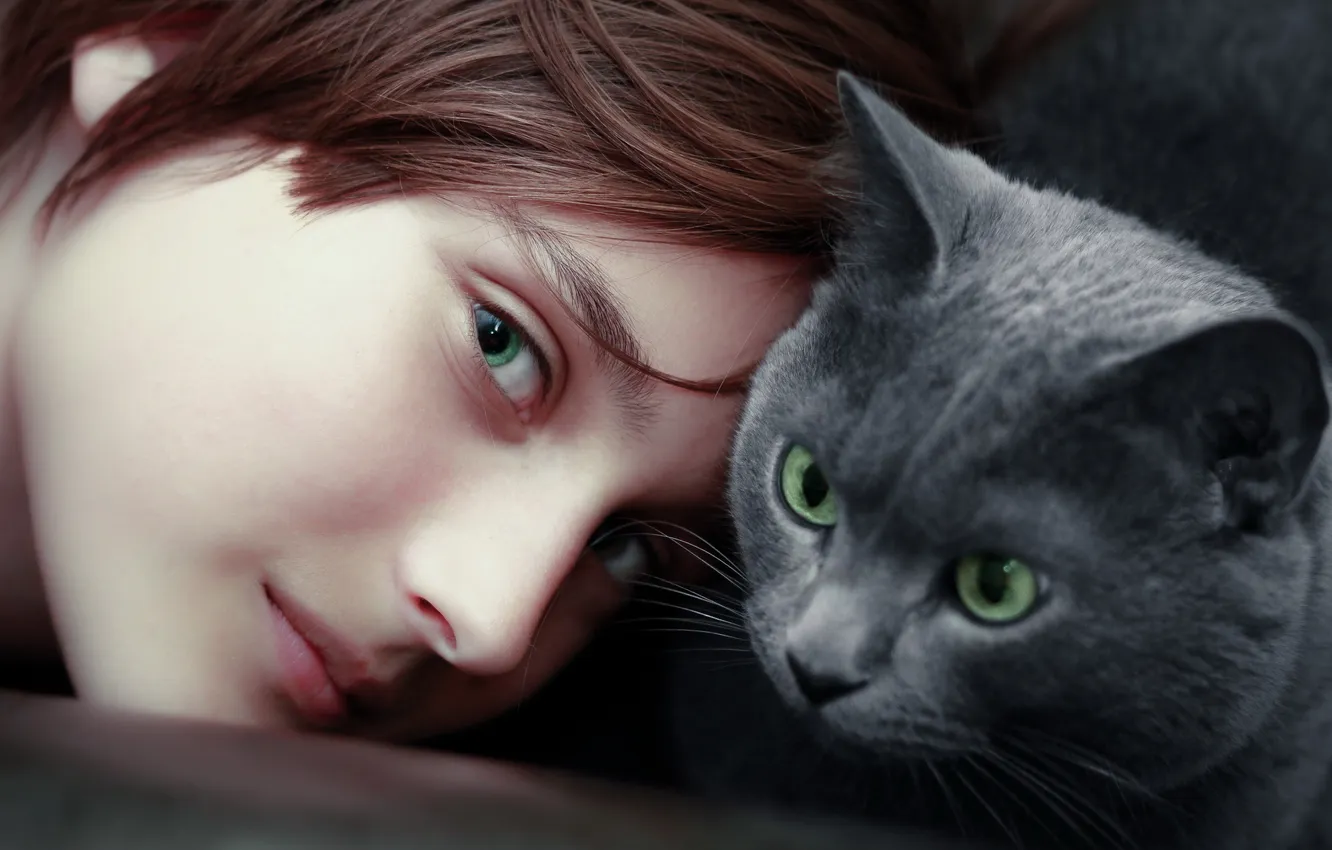Photo wallpaper cat, eyes, girl