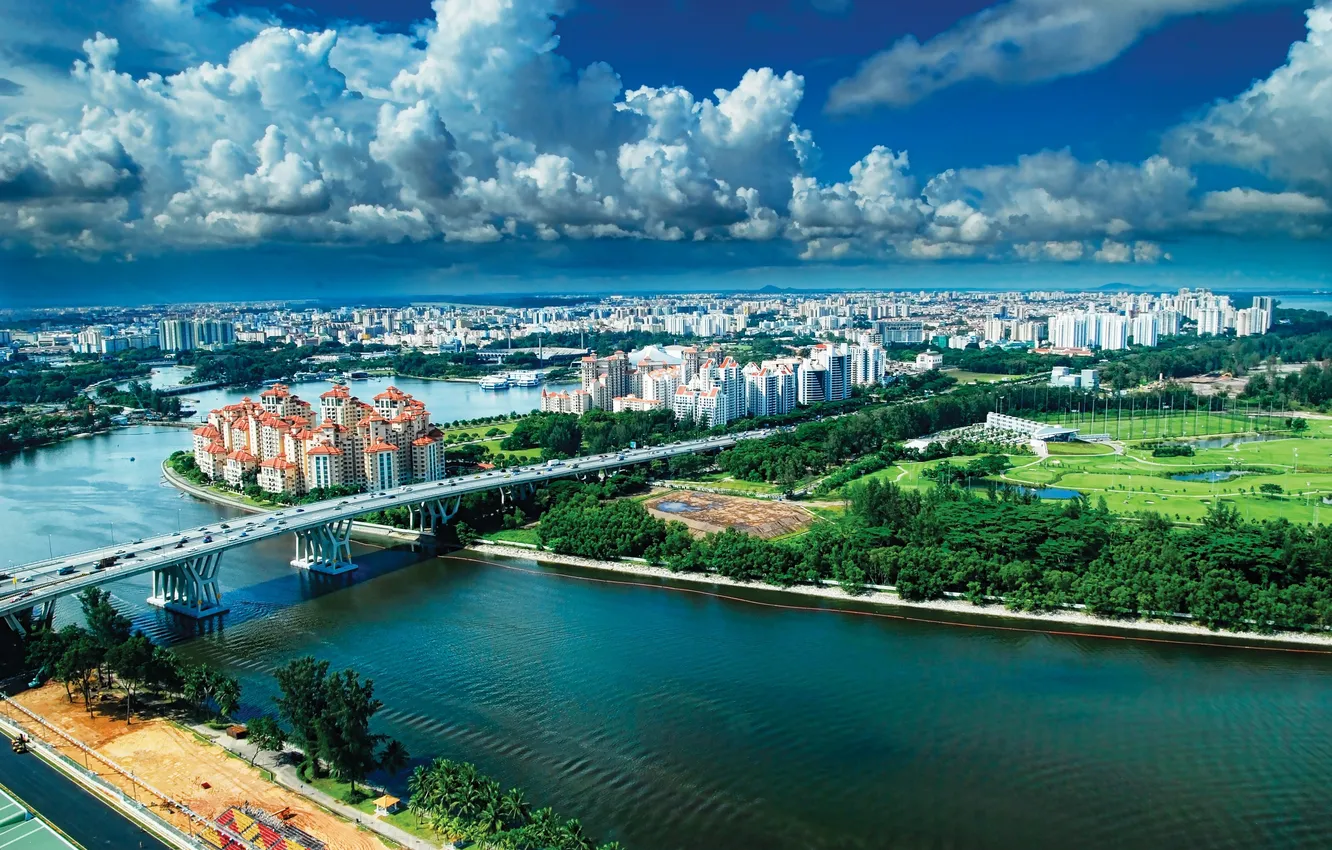 Photo wallpaper HORIZON, The SKY, RIVER, BRIDGE, HOME, BUILDING, ROAD, SINGAPORE