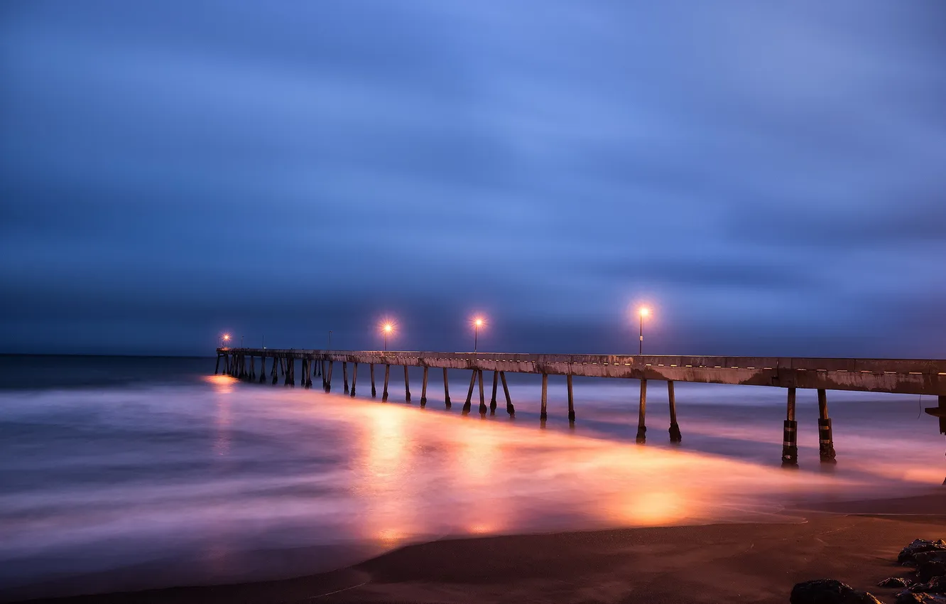 Photo wallpaper sea, landscape, night, bridge