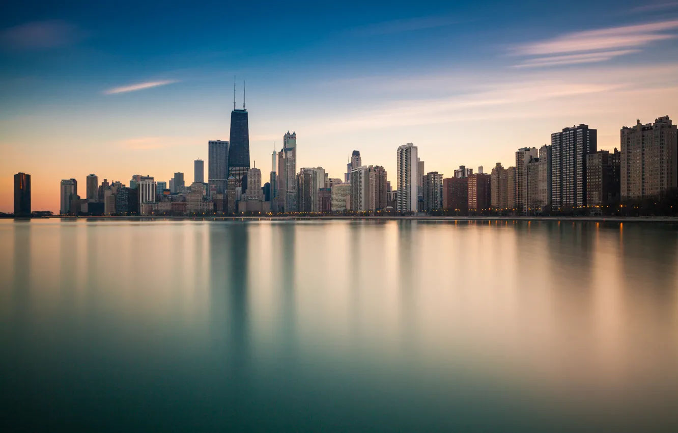 Photo wallpaper the city, reflection, the ocean, shore, skyscrapers, Chicago, Illinois, panorama