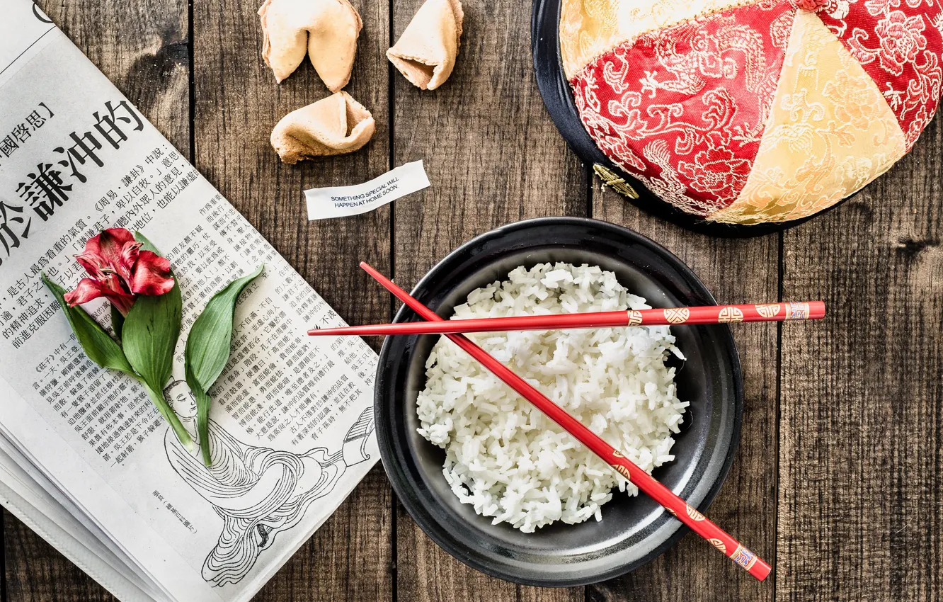 Photo wallpaper chinese, fortune, rice, dinner, fortunate cookie, red, chopsticks