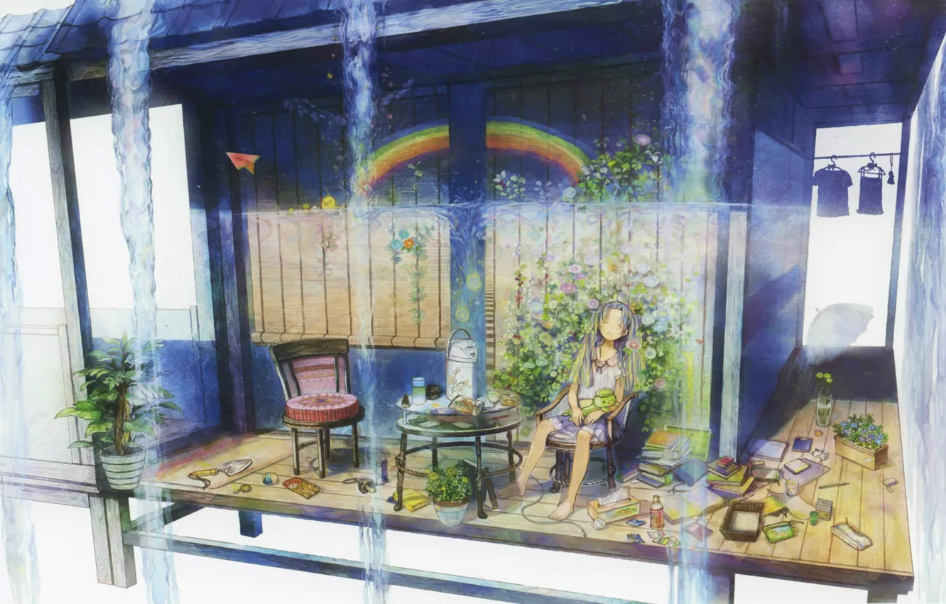 Photo wallpaper summer, table, books, chairs, rainbow, plants, umbrella, sleeping
