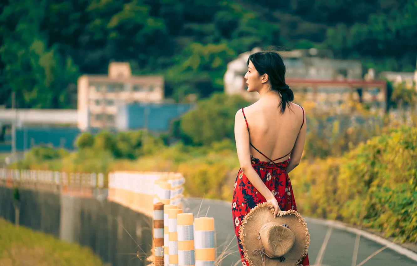 Photo wallpaper girl, back, hat, dress, Asian