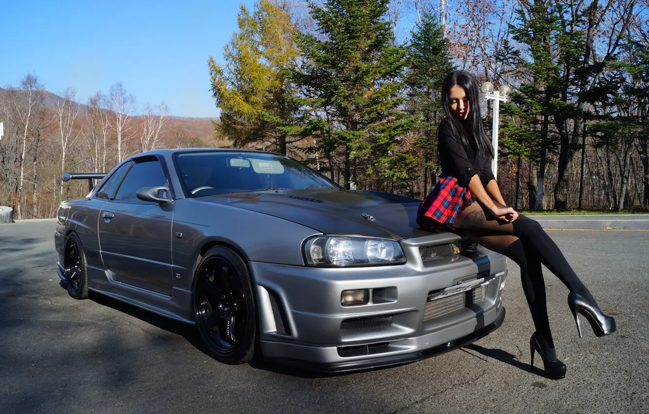 Photo wallpaper road, ass, chest, girl, stars, trees, mountains, woman