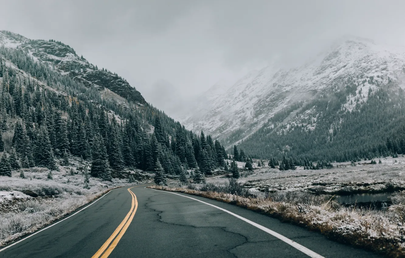 Photo wallpaper road, mountains, fog