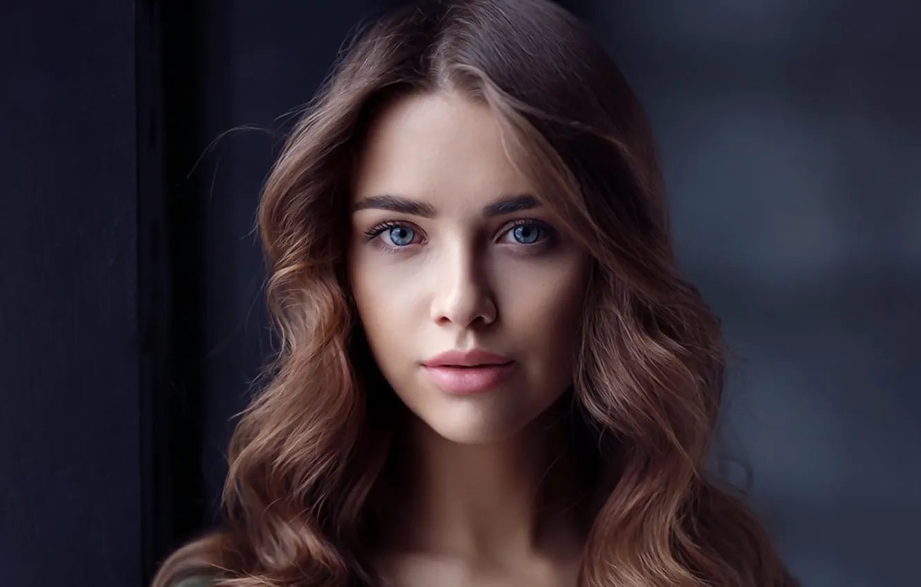 Photo wallpaper girl, long hair, blue eyes, beautiful, pretty, lips, face, brunette
