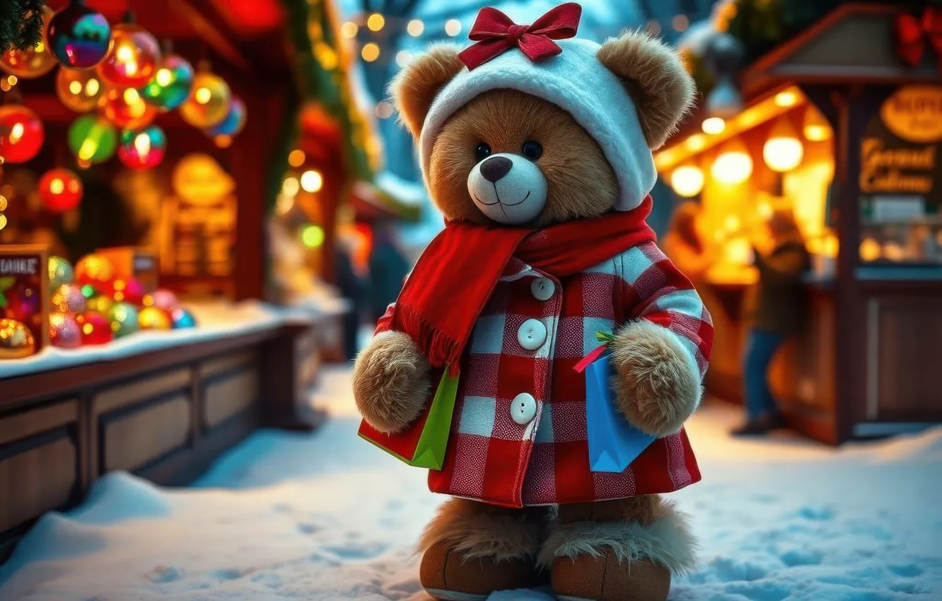 Photo wallpaper winter, snow, street, toy, new year, Christmas, bear, bear