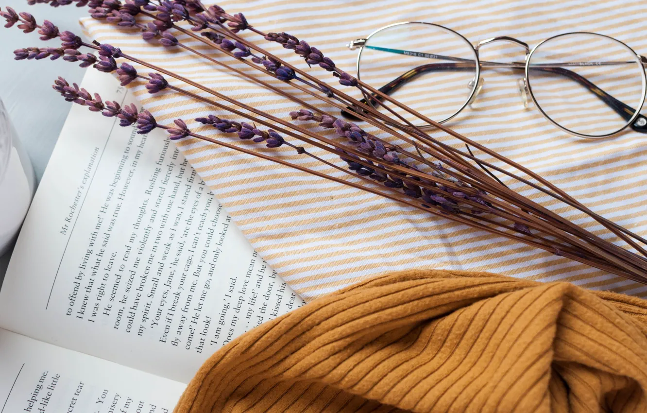 Photo wallpaper style, glasses, book, lavender