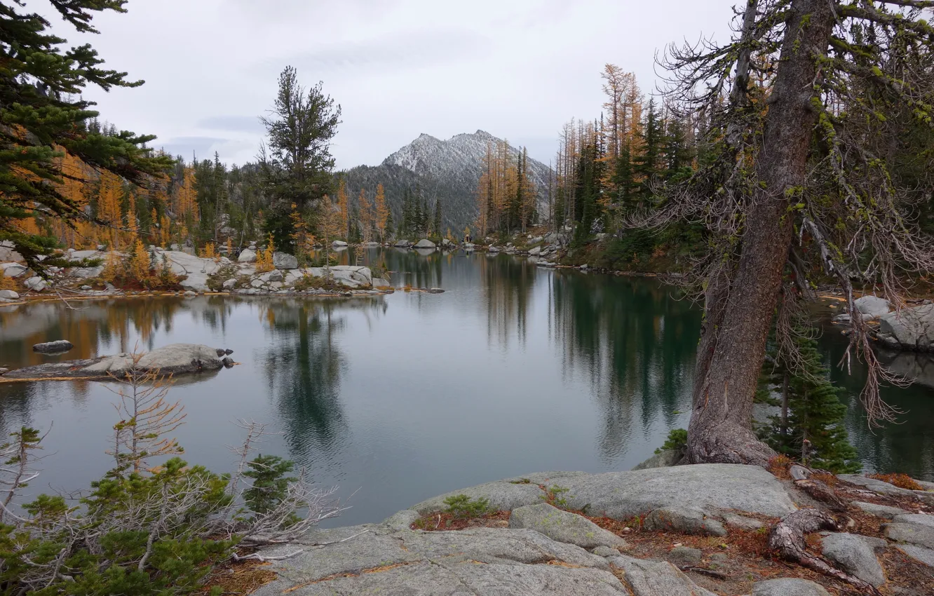 Photo wallpaper autumn, the sky, trees, mountains, lake, stones, rocks