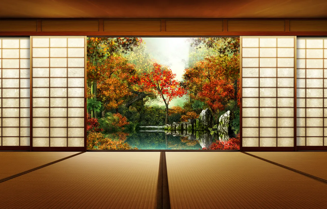 Photo wallpaper autumn, Japan, door
