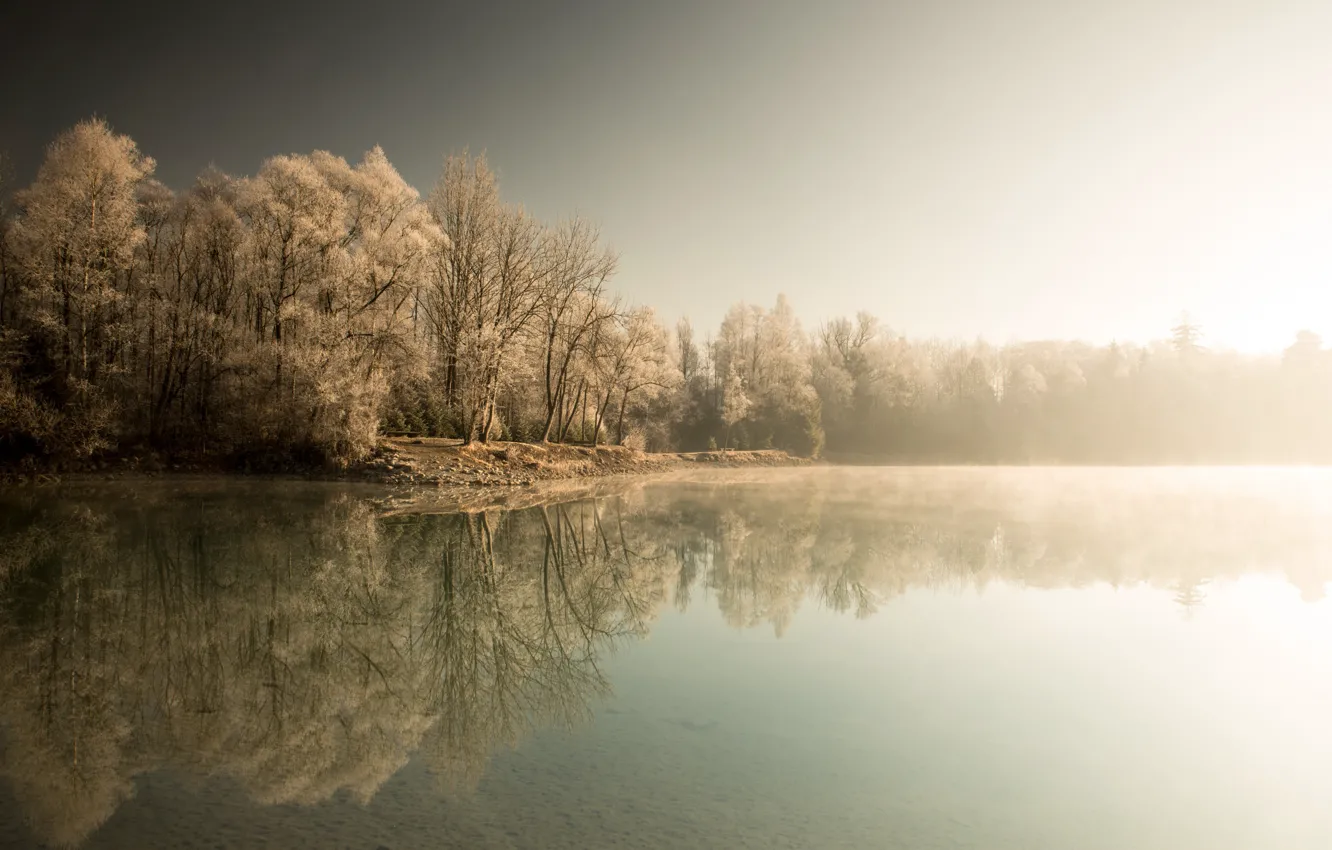 Photo wallpaper winter, fog, lake