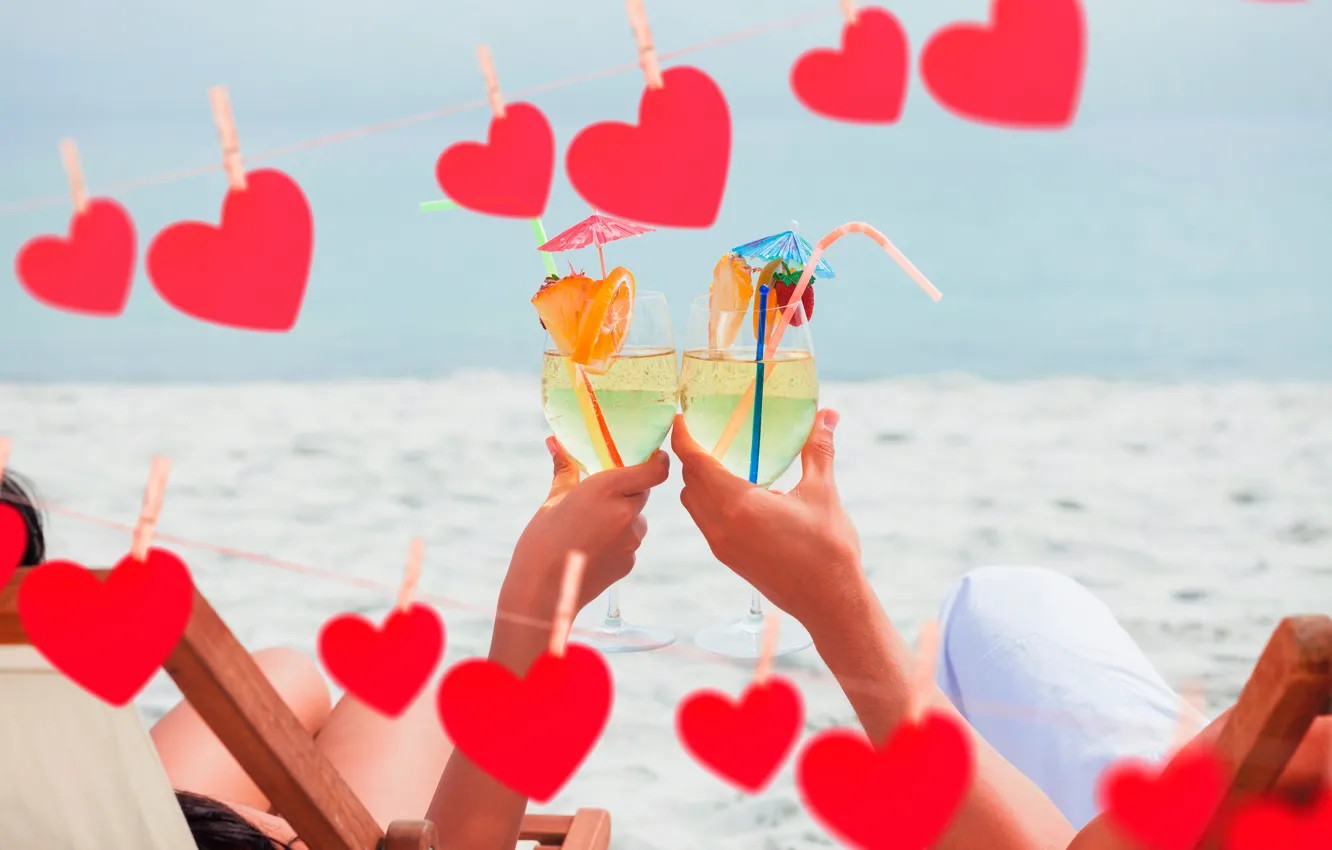 Photo wallpaper sand, sea, girl, the sun, red, glass, rope, pair