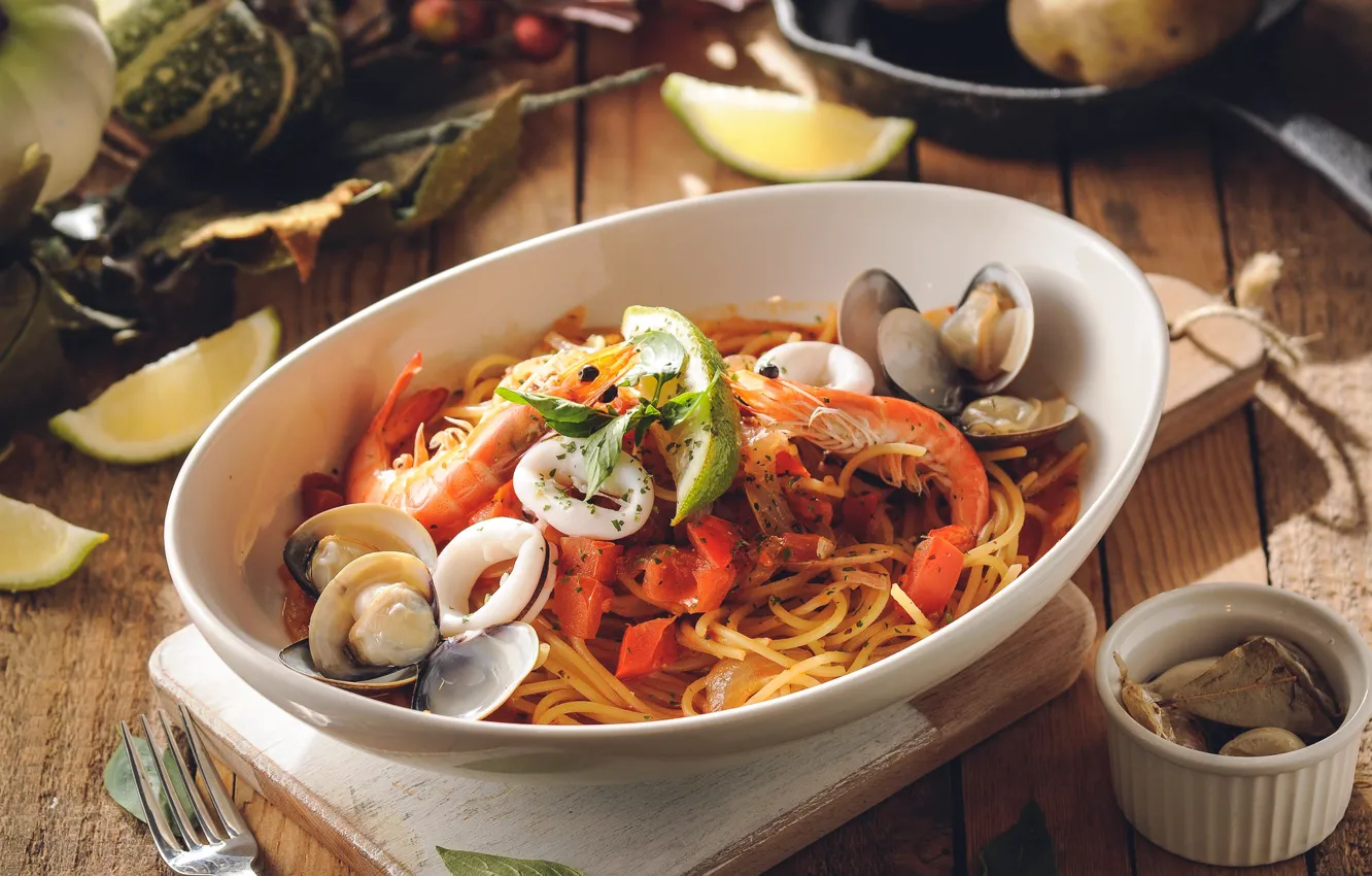 Photo wallpaper dish, shrimp, shellfish, pasta