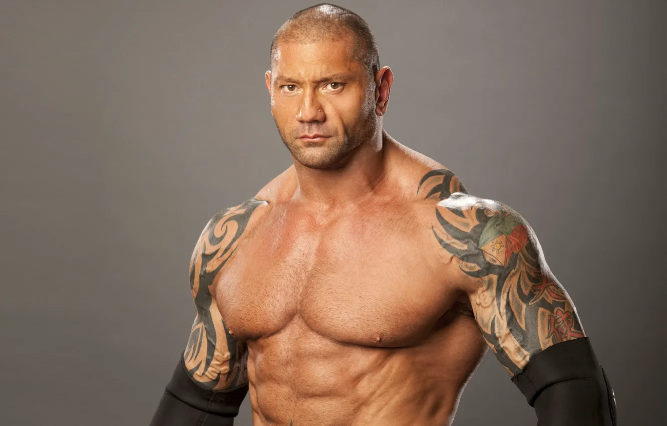 Photo wallpaper pose, actor, tattoo, athlete, wrestler, tattoo, bodybuilder, Dave Bautista
