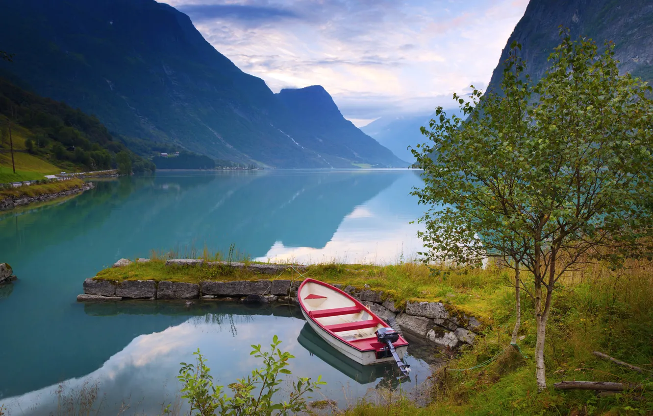 Photo wallpaper trees, mountains, nature, lake, boat, Norway, Norway, birch