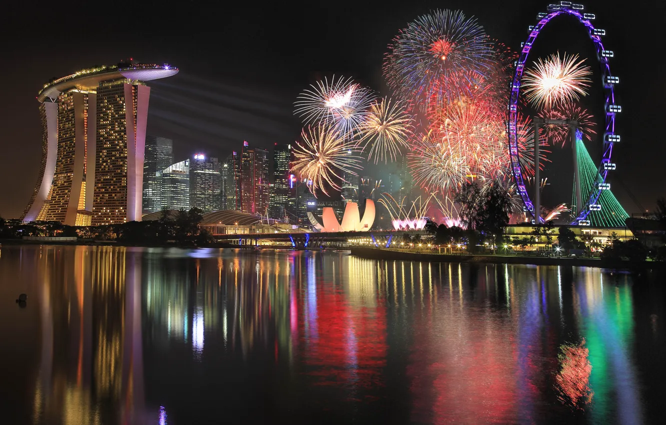 Photo wallpaper night, skyscrapers, salute, Singapore, Ferris wheel, the hotel, megapolis, Singapore