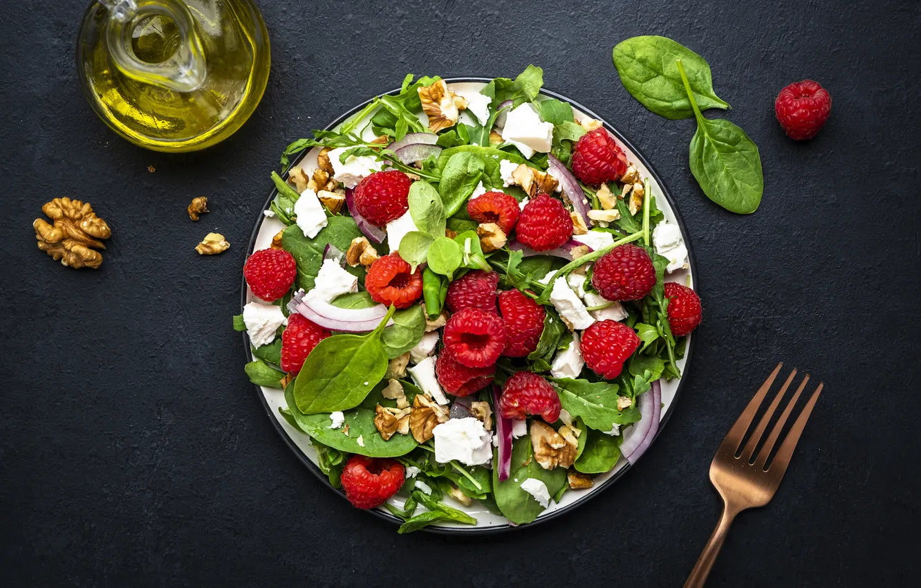 Photo wallpaper greens, berries, raspberry, the dark background, table, oil, food, cheese