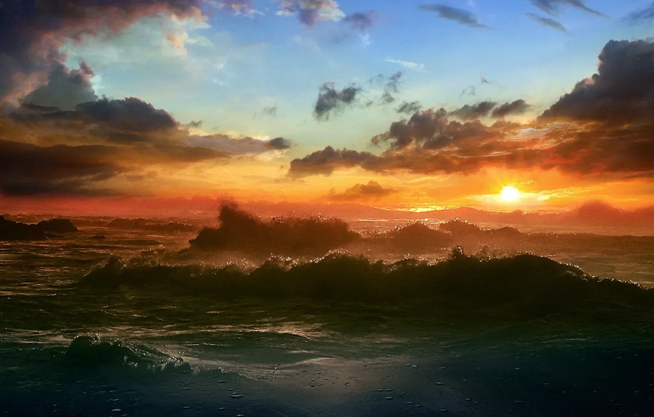 Photo wallpaper sea, the sun, clouds, Wave