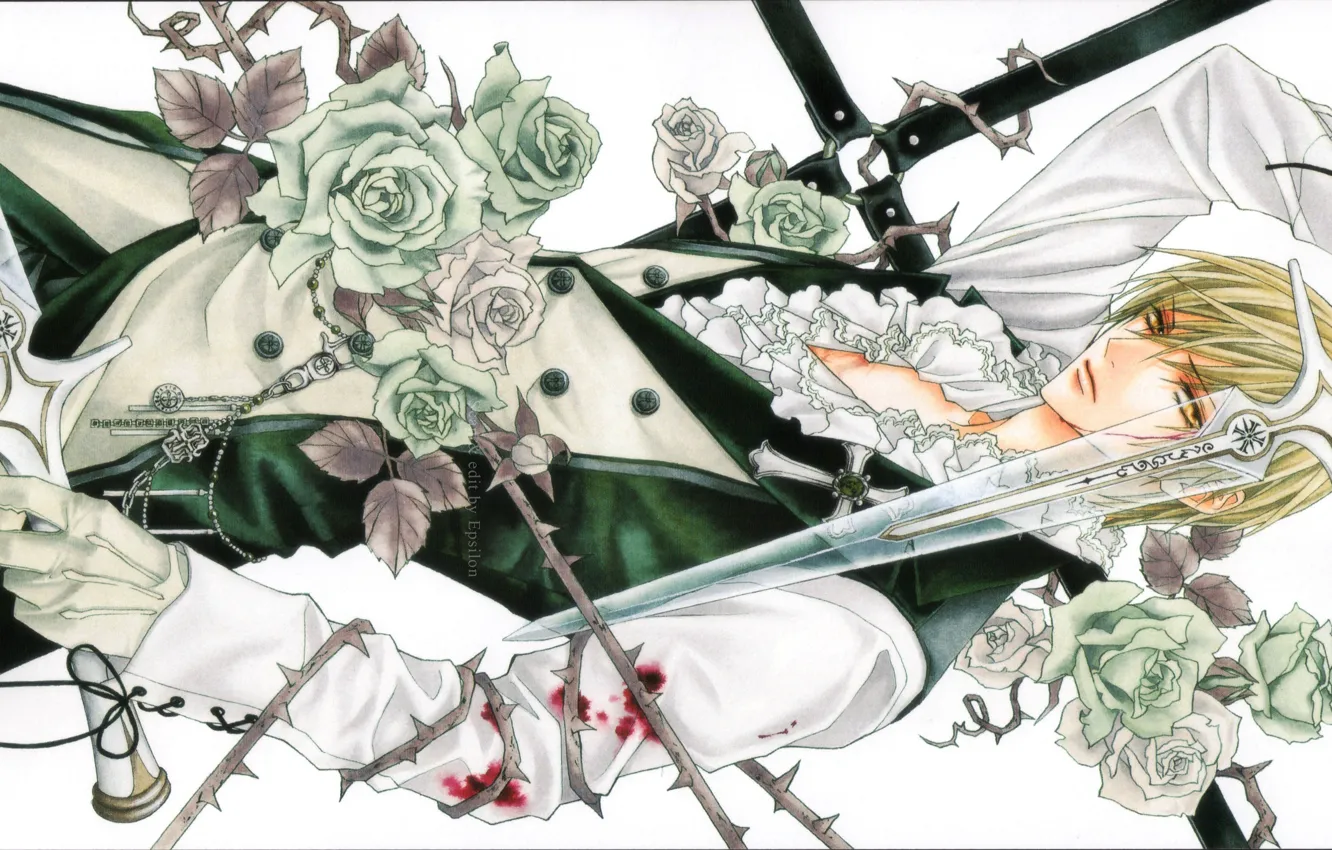 Photo wallpaper blood, sword, white roses, art, white shirt, Usui Shuusei, hotaru odagiri, ura of the bok …