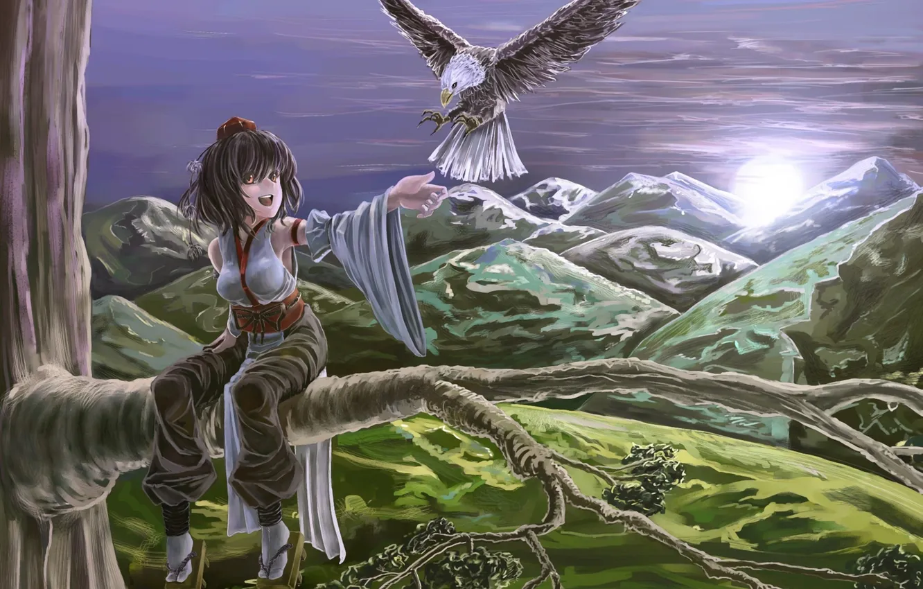 Photo wallpaper trees, mountains, night, bird, art, girl, touhou, shameimaru aya
