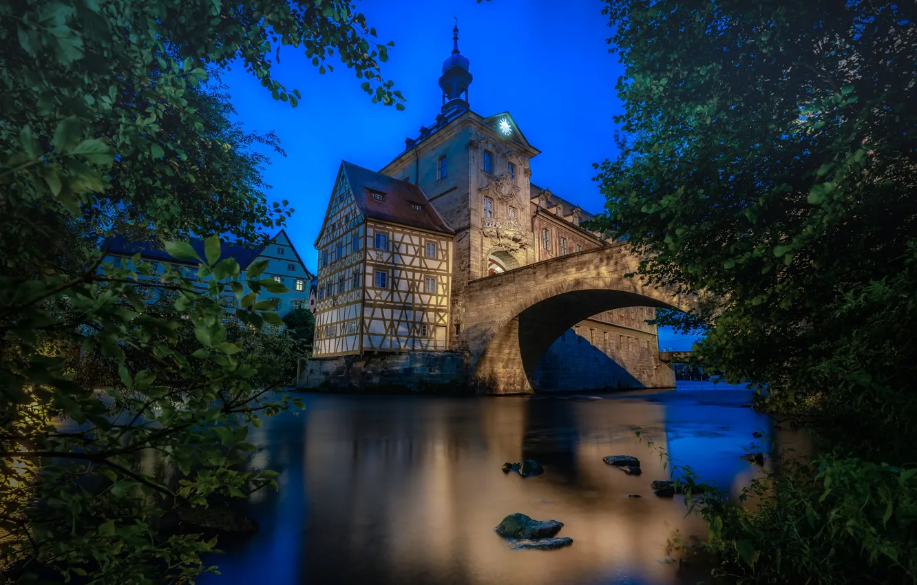 Photo wallpaper trees, bridge, river, the building, Germany, Bayern, Germany, Bamberg
