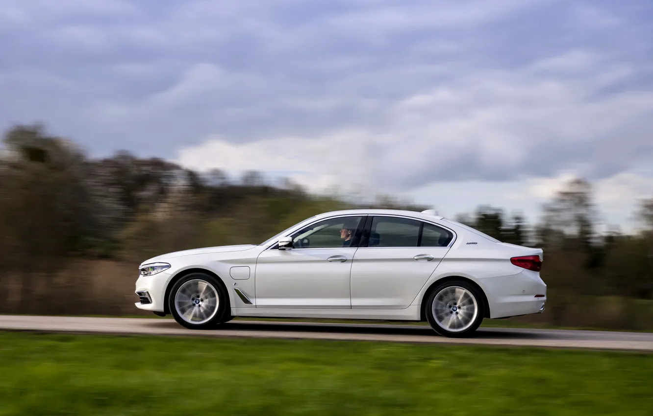 Photo wallpaper road, forest, white, the sky, clouds, movement, BMW, profile