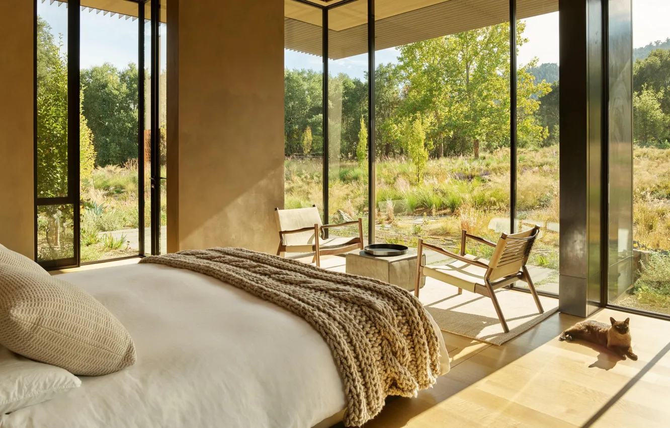 Photo wallpaper room, interior, bedroom, by Olson Kundig, California Meadow House