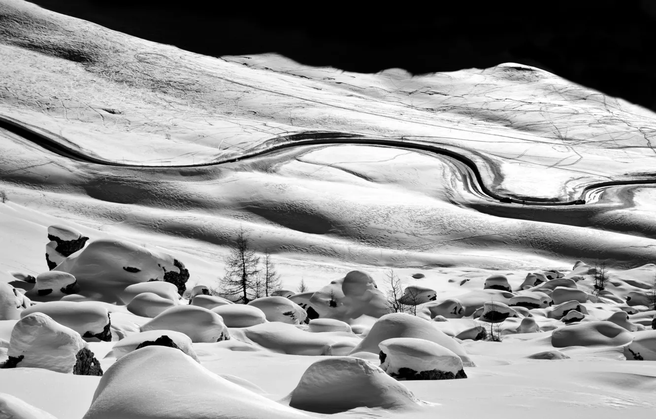 Photo wallpaper road, snow, b & W photo