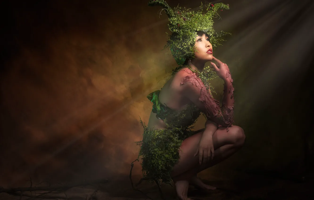 Photo wallpaper greens, girl, rays, light, flowers, face, pose, darkness