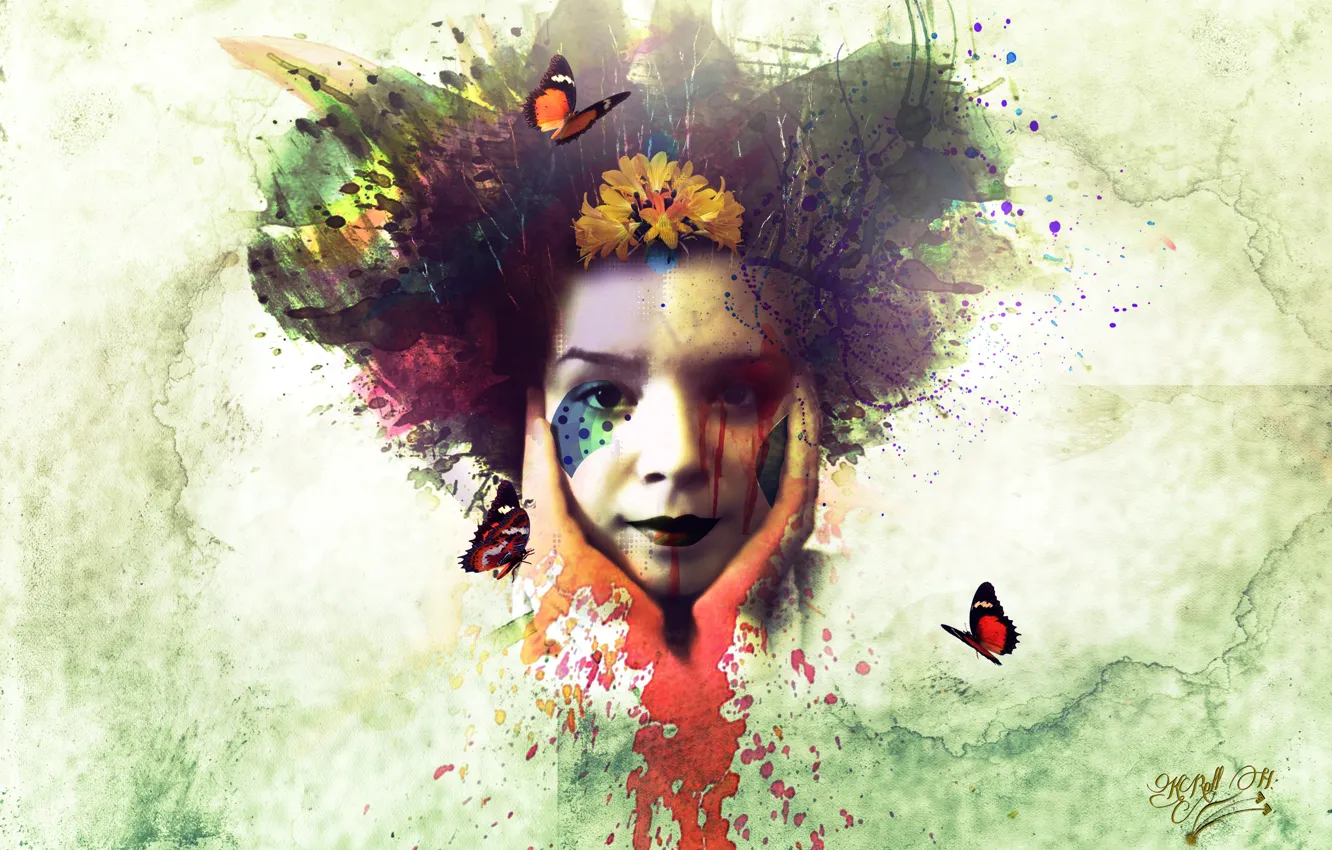 Photo wallpaper girl, butterfly, face, paint, spot