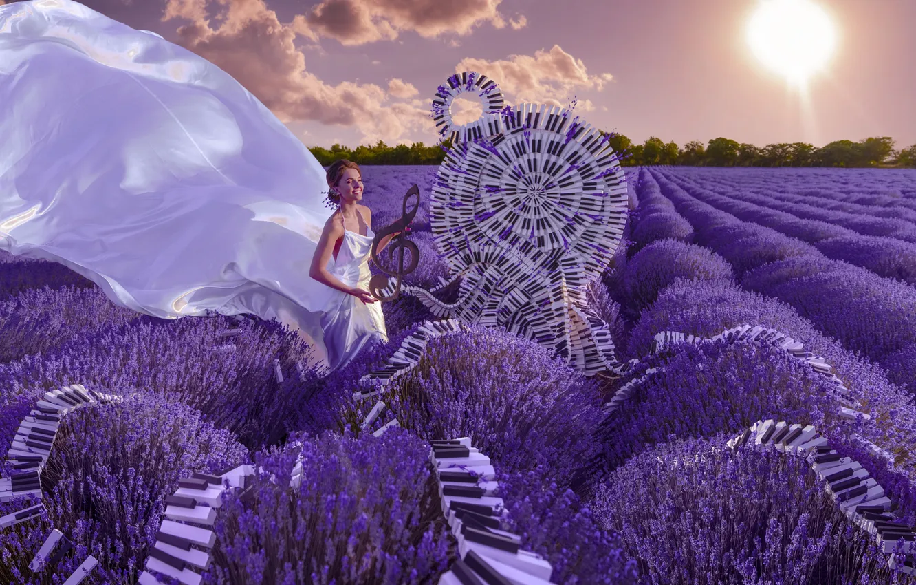 Photo wallpaper summer, girl, nature, style, music, keys, white dress, lavender
