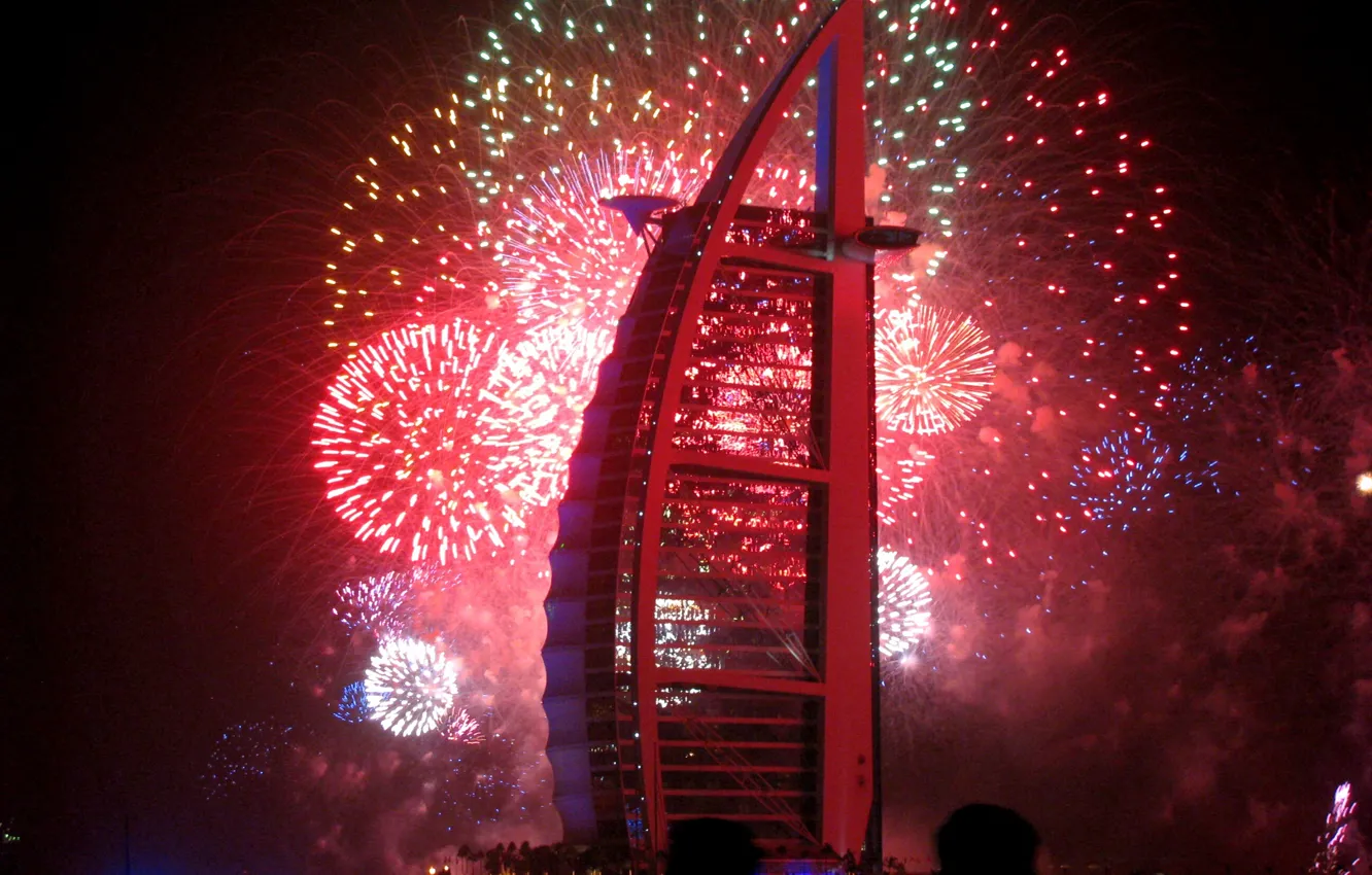 Photo wallpaper Dubai, Dubai, night, UAE, firework, United Arab Emirates, Burj Al Arab hotel