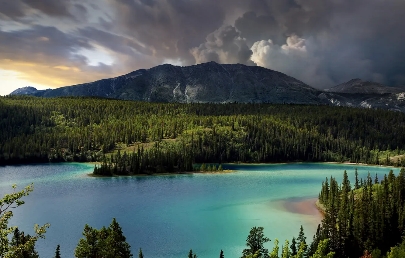 Photo wallpaper clouds, trees, mountains, Canada, Canada, the beauty of nature, Emerald Lake, Yukon