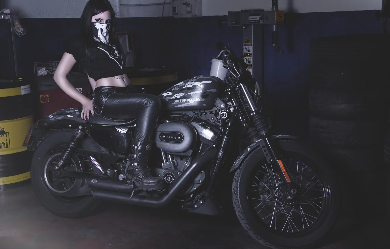 Photo wallpaper girl, garage, motorcycle, Harley-Davidson