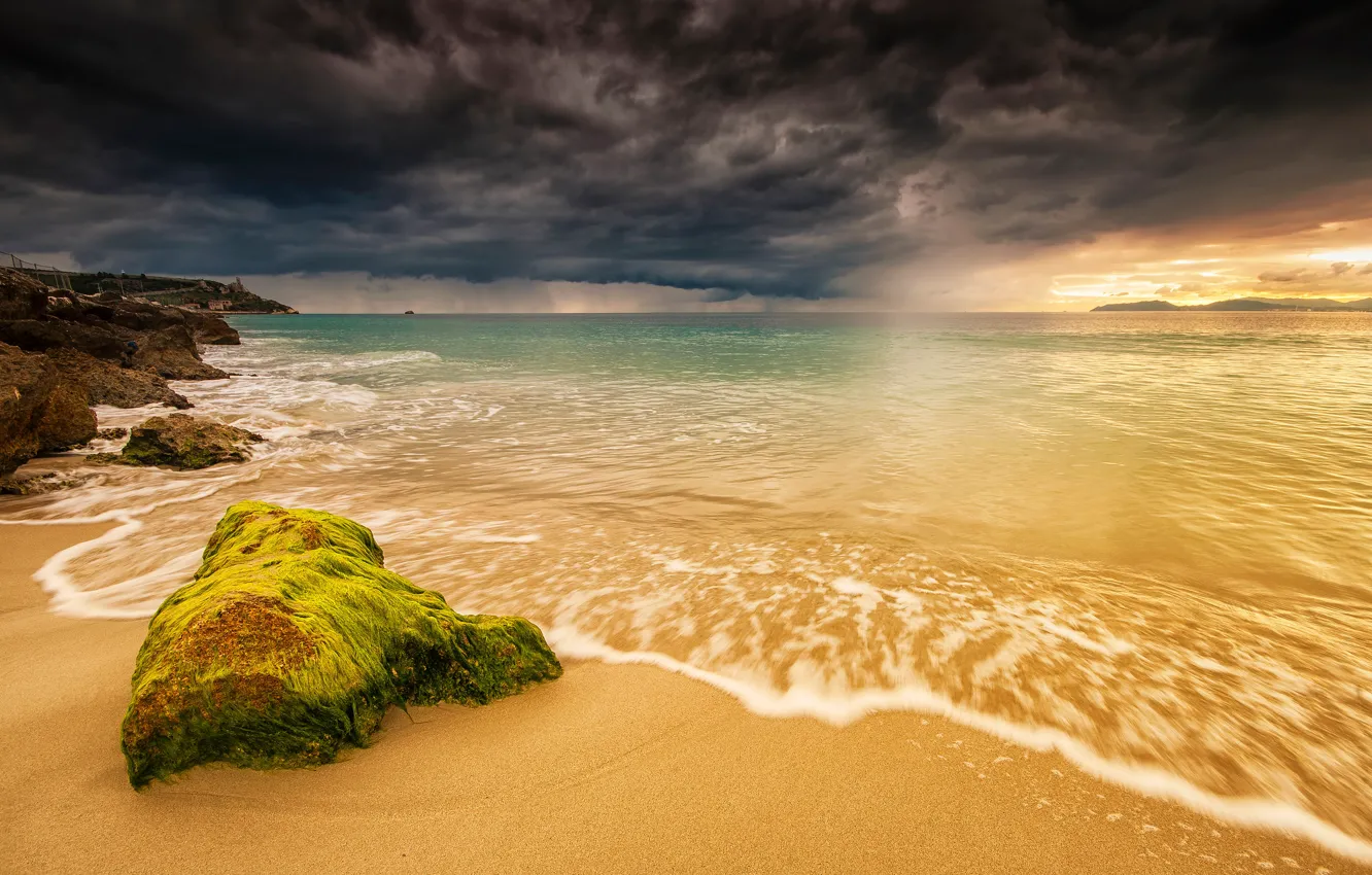 Photo wallpaper sea, the sky, clouds, stones, rain, coast, horizon, Italy