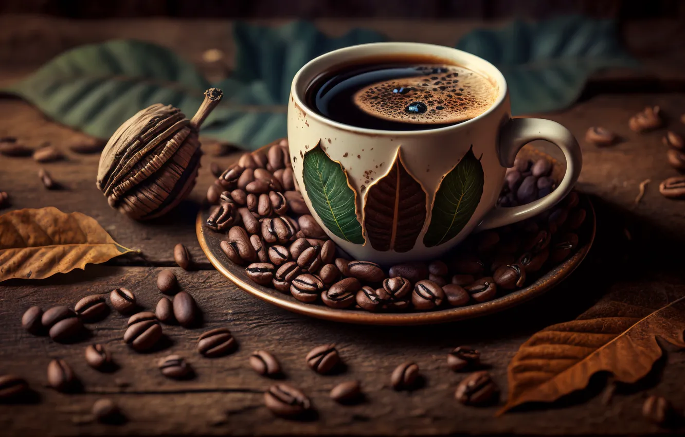 Photo wallpaper the dark background, table, Board, coffee, mug, Cup, drink, placer