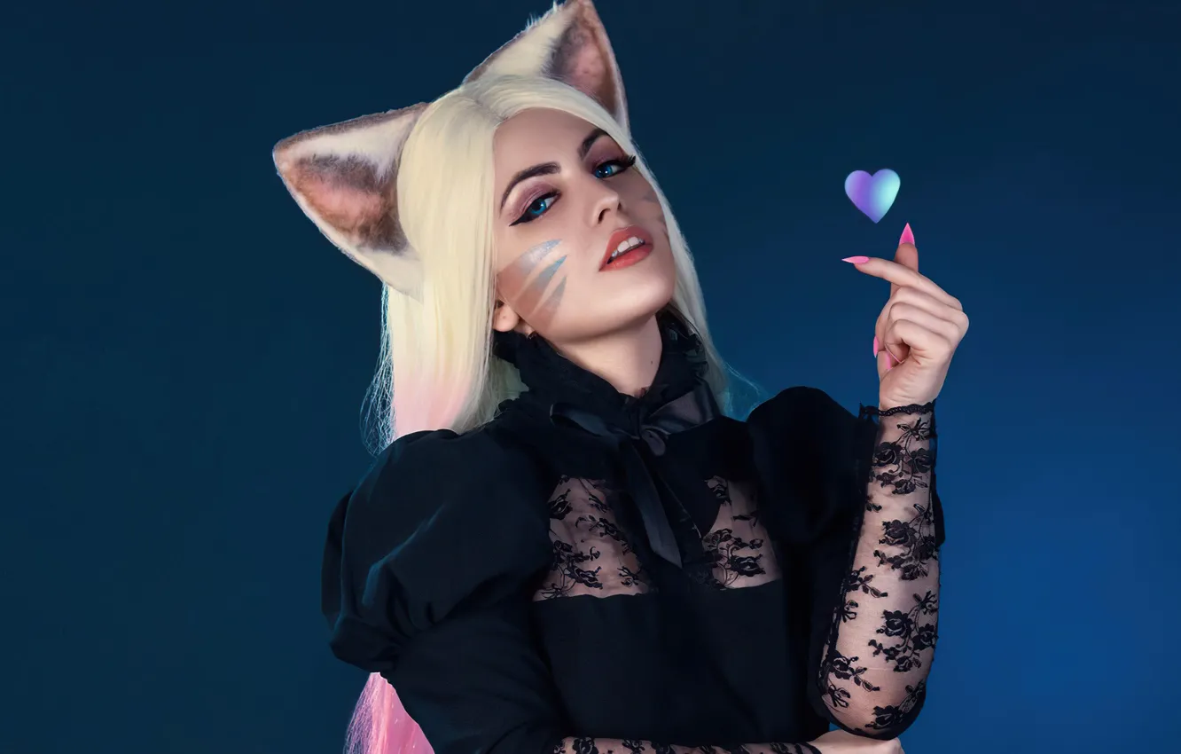 Photo wallpaper look, heart, Fox, blue eyes, cosplay, League of Legends, ahri, League Of Legends