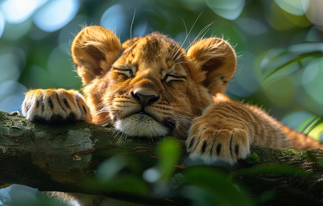 Photo wallpaper predator, sleeping, cub, kitty, lion, big cat, digital art, AI art