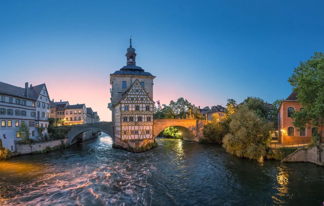 Photo wallpaper bridge, the city, river, building, home, the evening, Germany, Bayern